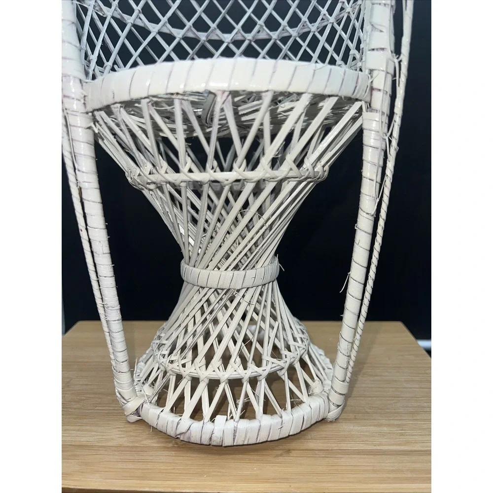 Vintage Mini Wicker Peacock Fan Back Rattan Chair Plant Stand Boho Decor 16